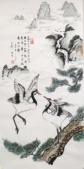 佘声俊作品5《高山流水遇知音 风入林间妙如琴 飘飘仙客盈盈舞 情寄鹤寿松为邻》